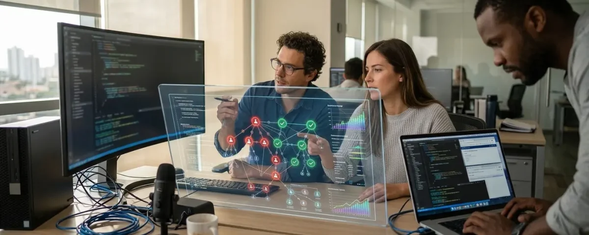 Equipo de ingenieros de RenderView analizando métricas de ciberseguridad web y protegiendo plataformas digitales en Barranquilla