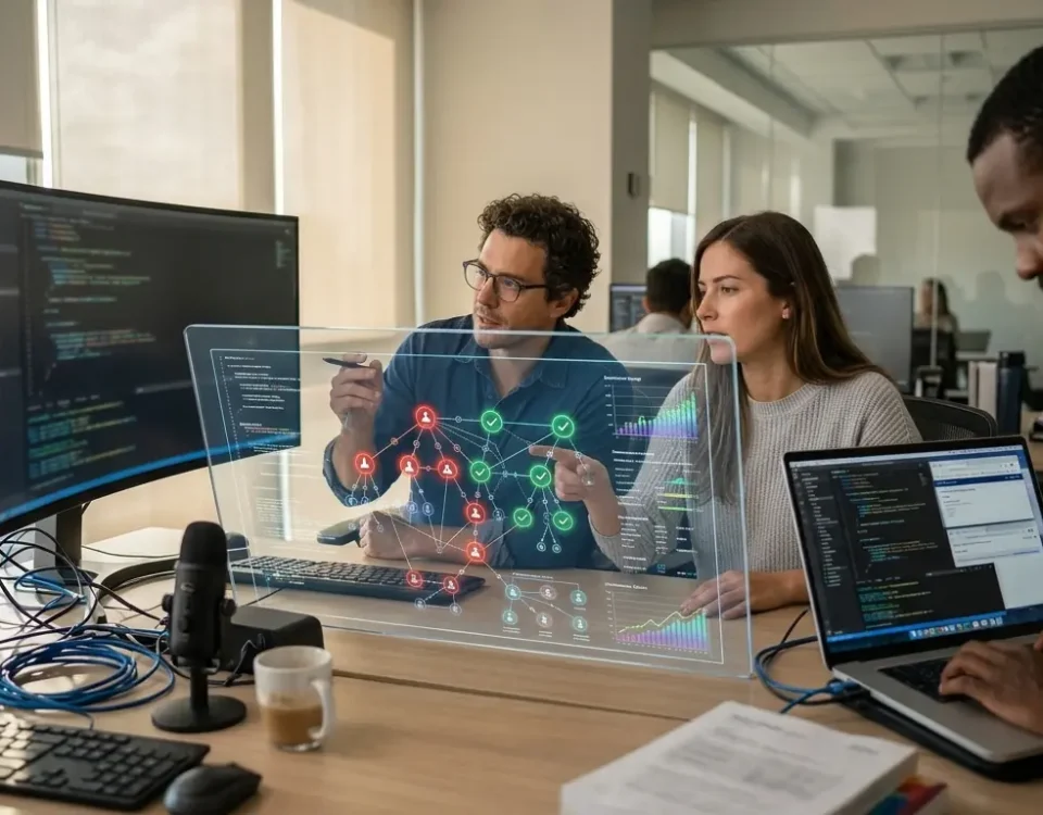Equipo de ingenieros de RenderView analizando métricas de ciberseguridad web y protegiendo plataformas digitales en Barranquilla