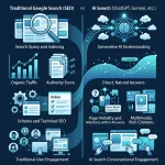 Infografía comparativa entre SEO tradicional y GEO para posicionamiento en Google e Inteligencia Artificial