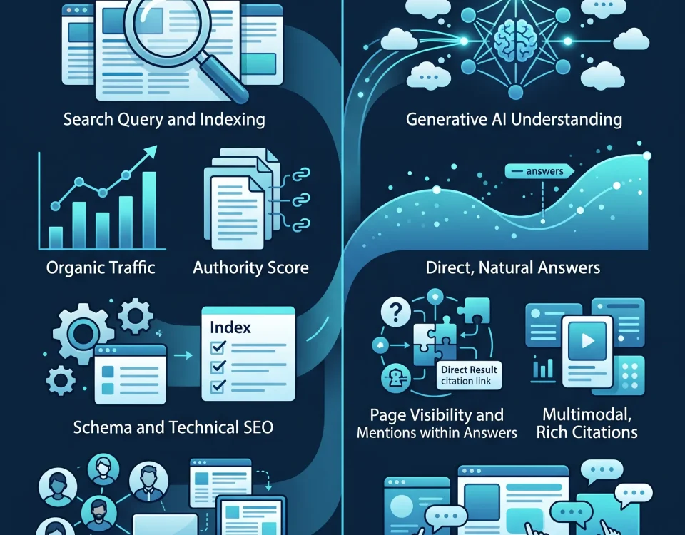 Infografía comparativa entre SEO tradicional y GEO para posicionamiento en Google e Inteligencia Artificial