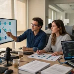 Equipo de ingenieros de RenderView en Barranquilla diseñando un sistema middleware para conectar bases de datos y pasarelas de pago