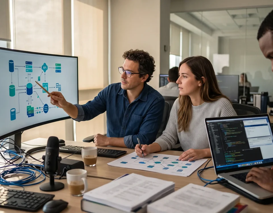 Equipo de ingenieros de RenderView en Barranquilla diseñando un sistema middleware para conectar bases de datos y pasarelas de pago