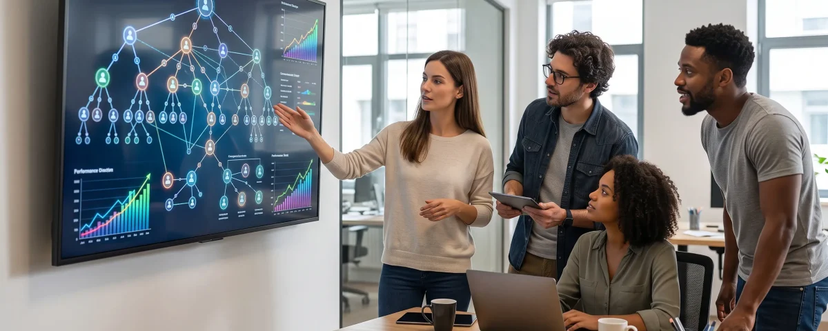Ingenieros de RenderView analizando el flujo de comisiones y la genealogía de una red de mercadeo en un software MLM