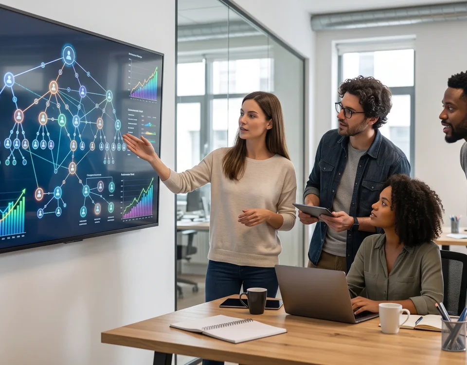 Ingenieros de RenderView analizando el flujo de comisiones y la genealogía de una red de mercadeo en un software MLM